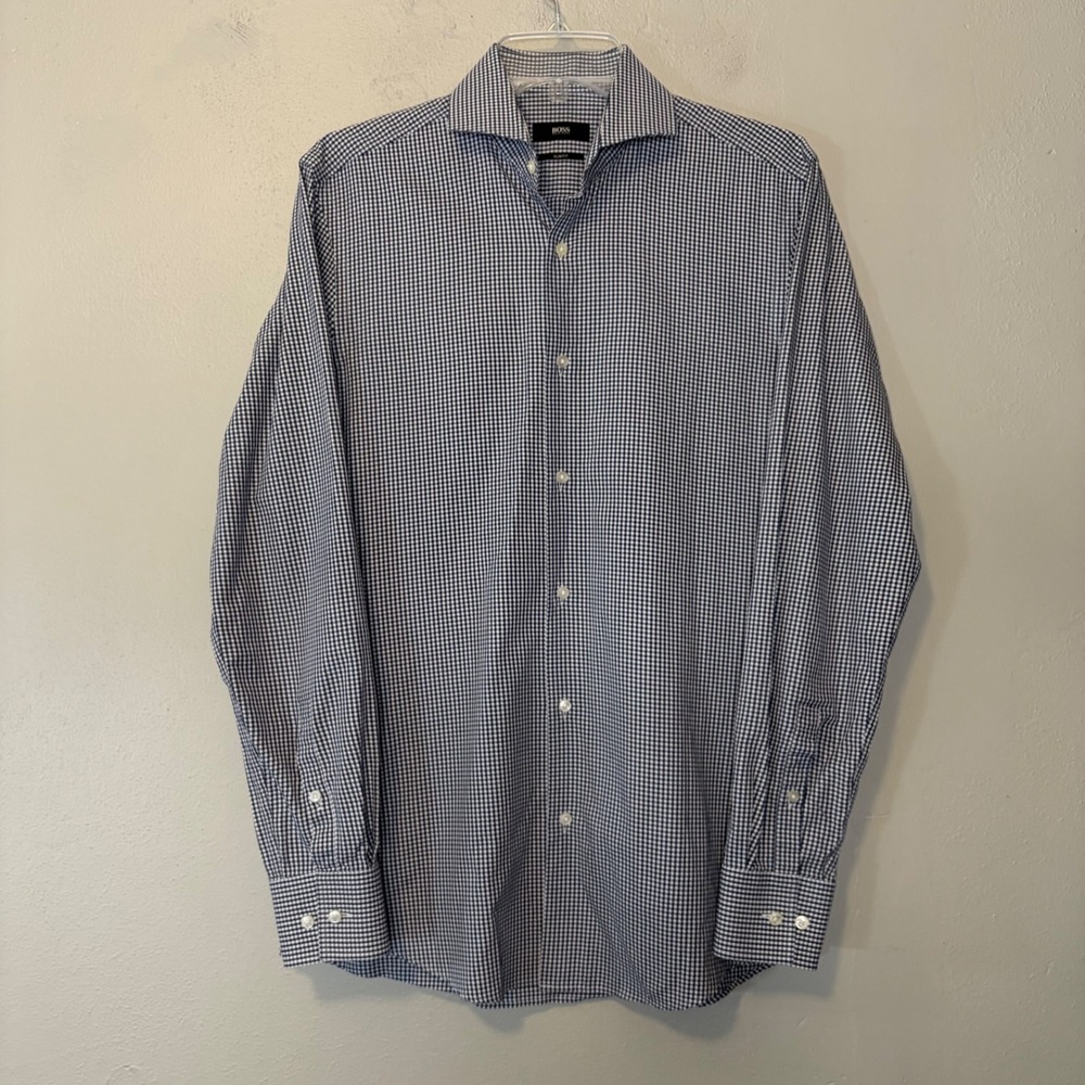 Hugo Boss Jason Slim Fit Dress Shirt Navy Blue White Gingham Check Mens 14.5 37